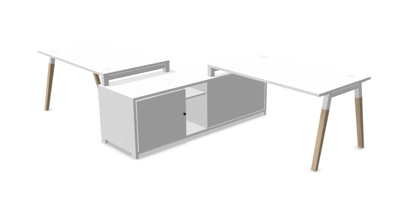 Two Dialogue Desks with Storage Desking Buronomic H720 D1800 L3200mm Hinged Door White/White