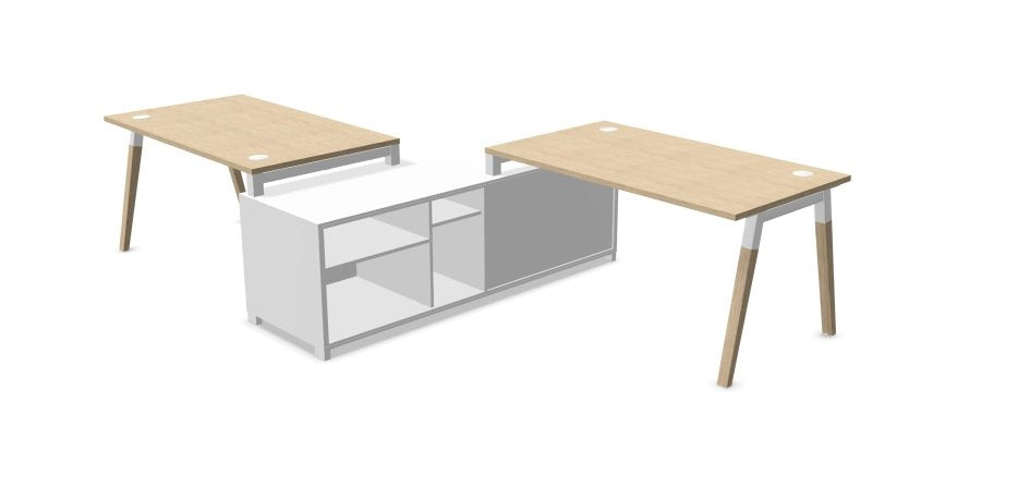 Two Dialogue Desks with Storage Desking Buronomic H720 D1800 L3200mm No Door Bleached Oak/White