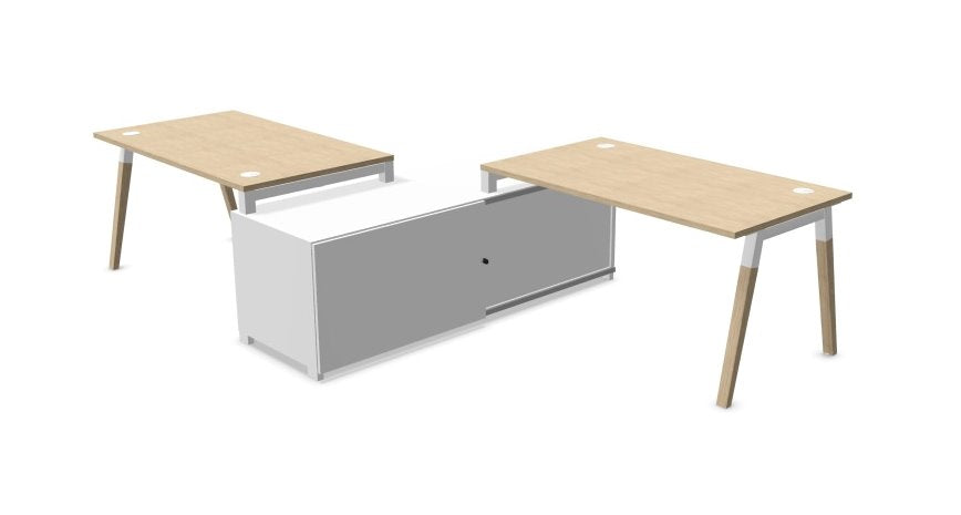 Two Dialogue Desks with Storage Desking Buronomic H720 D1800 L3200mm Sliding Door Bleached Oak/White