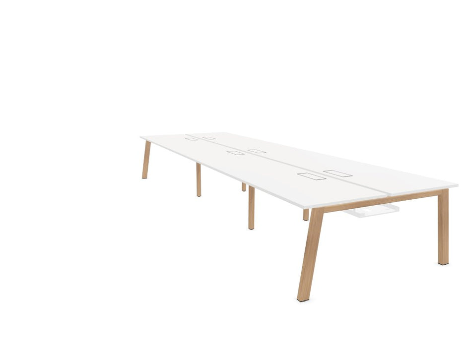 Vital Plus 300 Bench Desk - Wooden Leg BENCH DESKS Actiu White/Chestnut 4200mm x 1600mm Cable Tray and Access