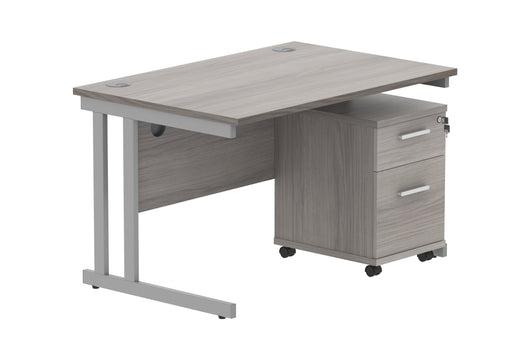Workwise Double Upright Rectangular Desk + 2 Drawer Mobile Under Desk Pedestal Furniture TC GROUP 1200X800 Alaskan Grey Oak/Silver 