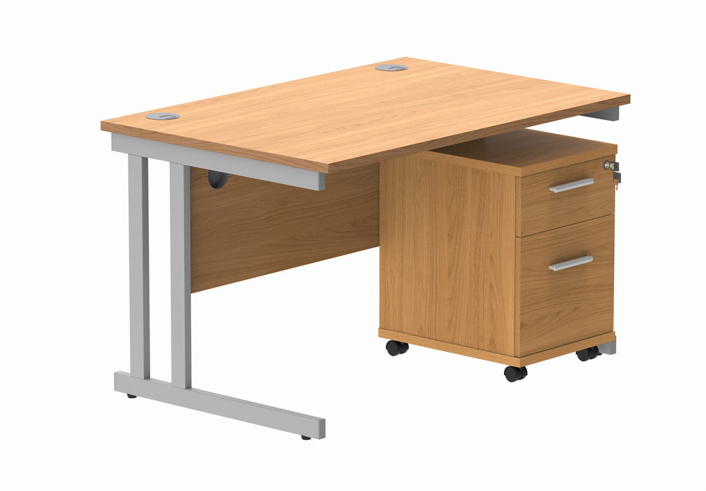 Workwise Double Upright Rectangular Desk + 2 Drawer Mobile Under Desk Pedestal Furniture TC GROUP 1200X800 Norwegian Beech/Silver 