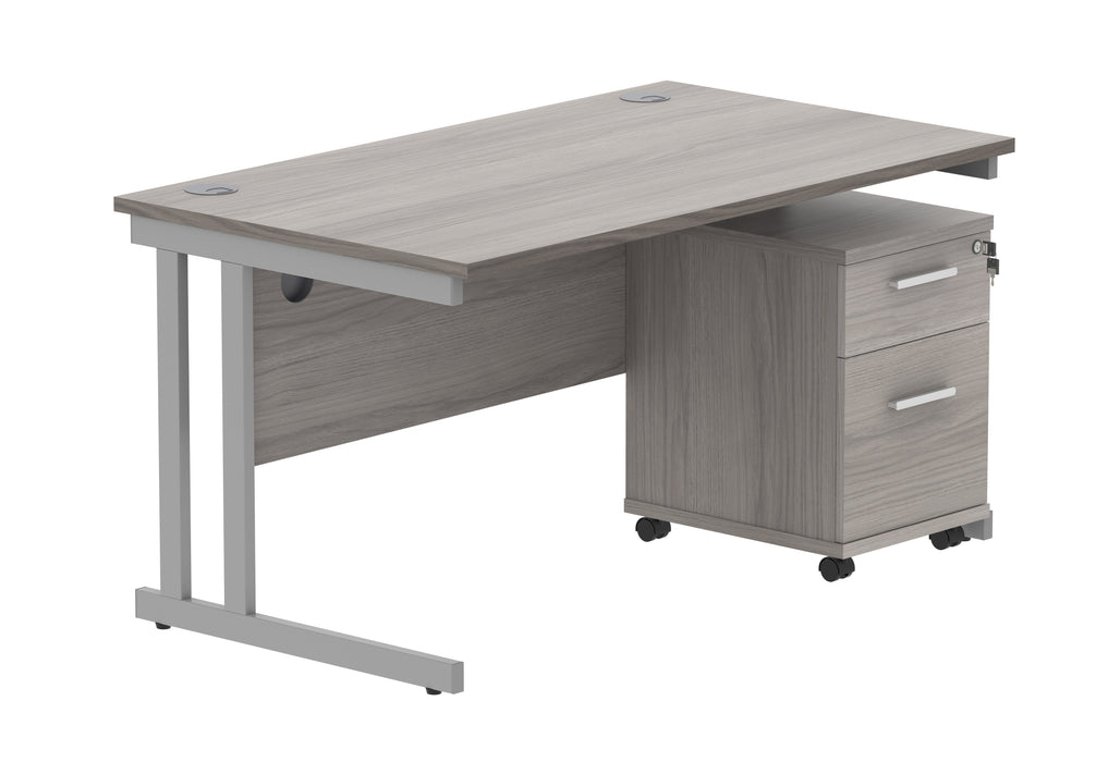 Workwise Double Upright Rectangular Desk + 2 Drawer Mobile Under Desk Pedestal Furniture TC GROUP 1400X800 Alaskan Grey Oak/Silver 