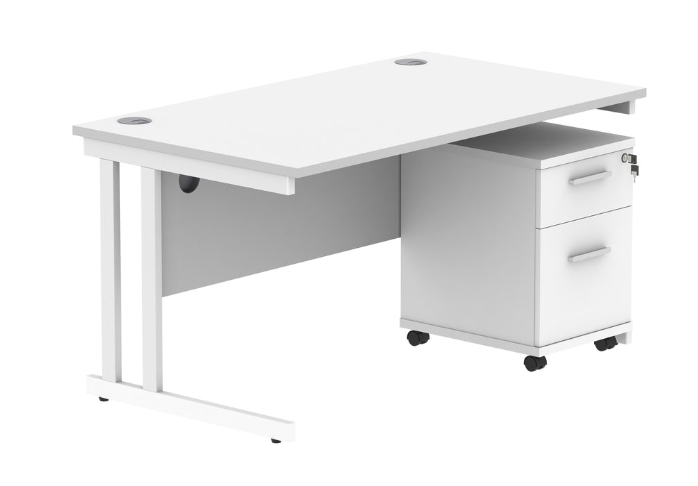 Workwise Double Upright Rectangular Desk + 2 Drawer Mobile Under Desk Pedestal Furniture TC GROUP 1400X800 Arctic White/White 