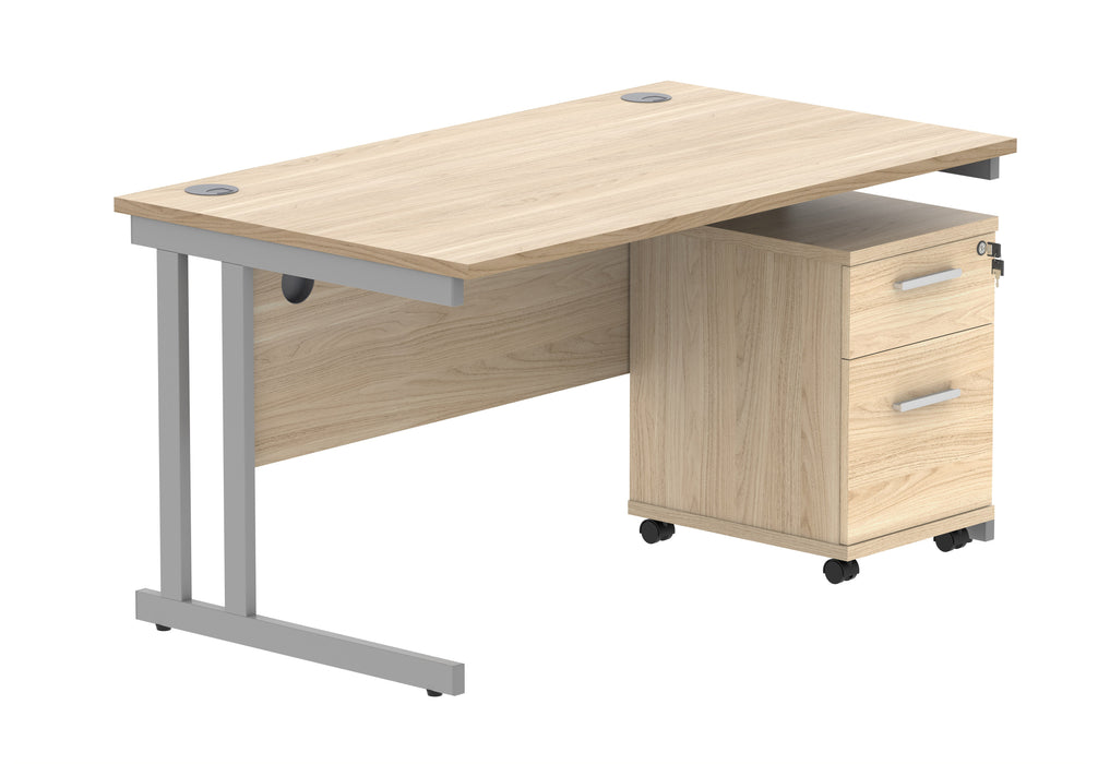 Workwise Double Upright Rectangular Desk + 2 Drawer Mobile Under Desk Pedestal Furniture TC GROUP 1400X800 Canadian Oak/Silver 