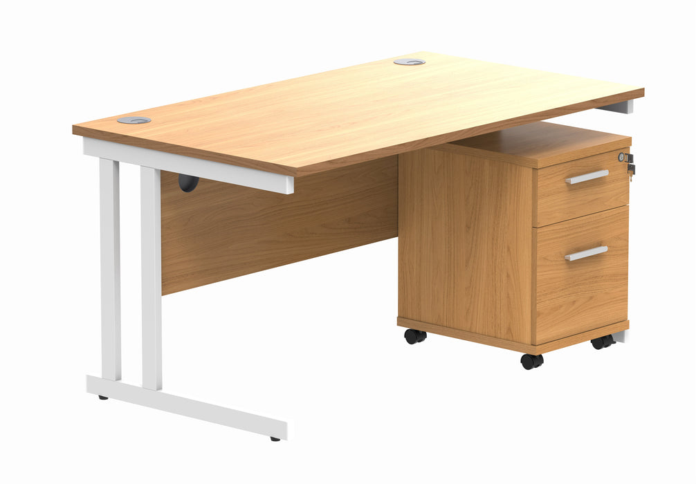 Workwise Double Upright Rectangular Desk + 2 Drawer Mobile Under Desk Pedestal Furniture TC GROUP 1400X800 Norwegian Beech/White 