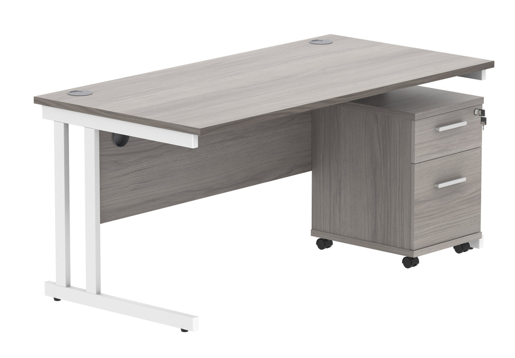 Workwise Double Upright Rectangular Desk + 2 Drawer Mobile Under Desk Pedestal Furniture TC GROUP 1600X800 Alaskan Grey Oak/White 