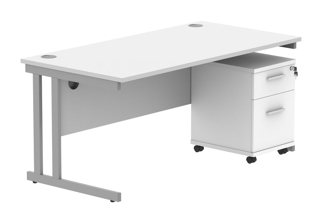 Workwise Double Upright Rectangular Desk + 2 Drawer Mobile Under Desk Pedestal Furniture TC GROUP 1600X800 Arctic White/Silver 