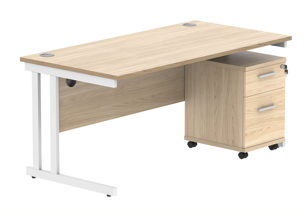 Workwise Double Upright Rectangular Desk + 2 Drawer Mobile Under Desk Pedestal Furniture TC GROUP 1600X800 Canadian Oak/White 
