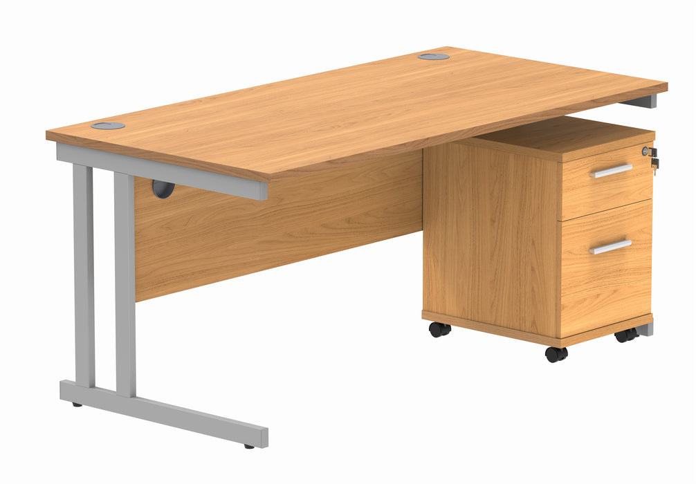 Workwise Double Upright Rectangular Desk + 2 Drawer Mobile Under Desk Pedestal Furniture TC GROUP 1600X800 Norwegian Beech/Silver 