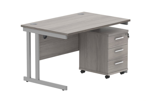 Workwise Double Upright Rectangular Office Desk + 3 Drawer Mobile Under Desk Pedestal Furniture TC GROUP 1200X800 Alaskan Grey Oak/Silver 