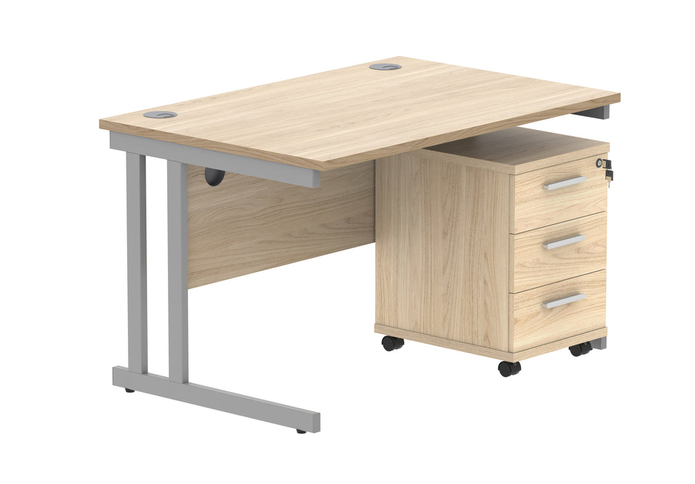 Workwise Double Upright Rectangular Office Desk + 3 Drawer Mobile Under Desk Pedestal Furniture TC GROUP 1200X800 Canadian Oak/Silver 