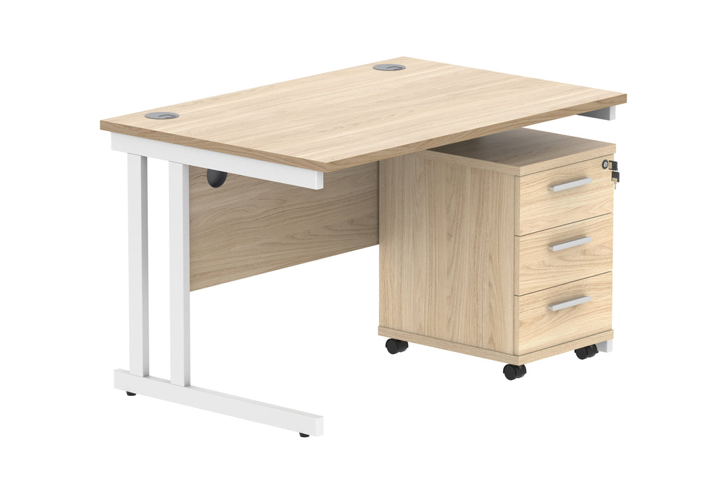Workwise Double Upright Rectangular Office Desk + 3 Drawer Mobile Under Desk Pedestal Furniture TC GROUP 1200X800 Canadian Oak/White 
