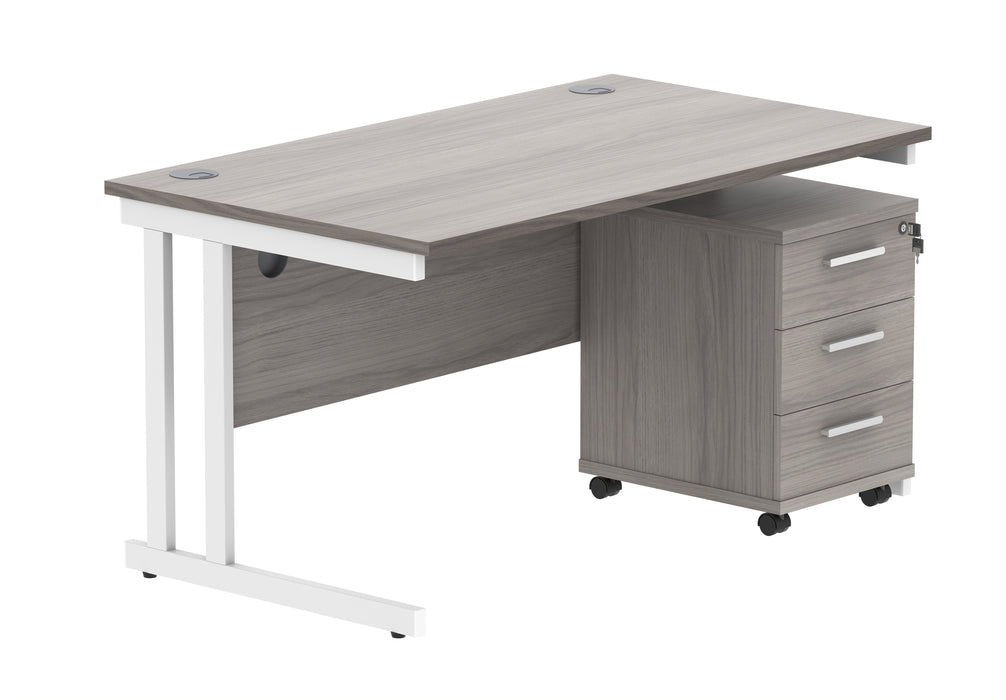 Workwise Double Upright Rectangular Office Desk + 3 Drawer Mobile Under Desk Pedestal Furniture TC GROUP 1400X800 Alaskan Grey Oak/White 