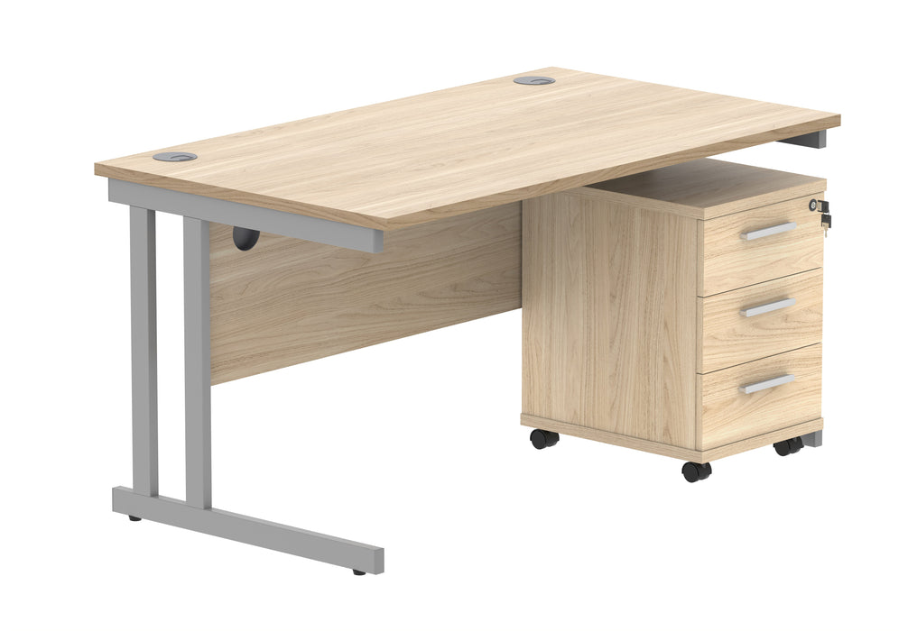 Workwise Double Upright Rectangular Office Desk + 3 Drawer Mobile Under Desk Pedestal Furniture TC GROUP 1400X800 Canadian Oak/Silver 
