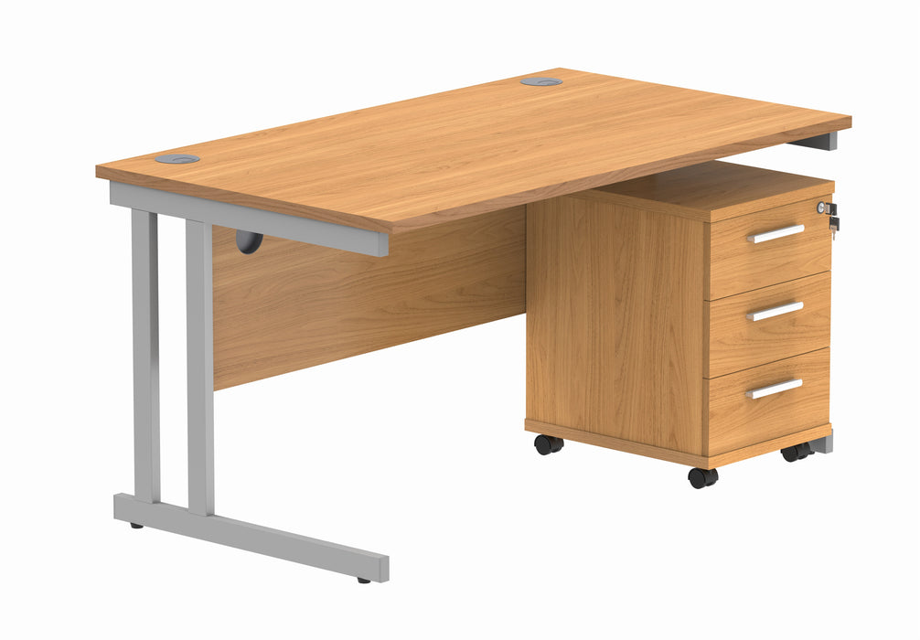 Workwise Double Upright Rectangular Office Desk + 3 Drawer Mobile Under Desk Pedestal Furniture TC GROUP 1400X800 Norwegian Beech/Silver 