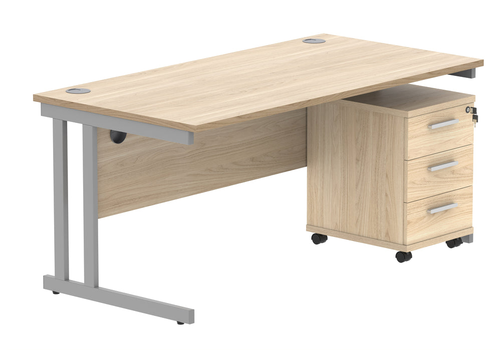 Workwise Double Upright Rectangular Office Desk + 3 Drawer Mobile Under Desk Pedestal Furniture TC GROUP 1600X800 Canadian Oak/Silver 