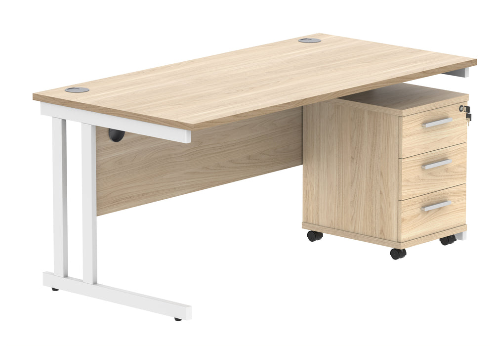 Workwise Double Upright Rectangular Office Desk + 3 Drawer Mobile Under Desk Pedestal Furniture TC GROUP 1600X800 Canadian Oak/White 
