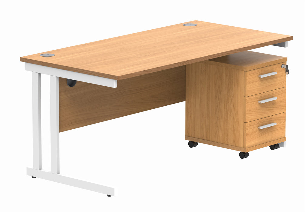 Workwise Double Upright Rectangular Office Desk + 3 Drawer Mobile Under Desk Pedestal Furniture TC GROUP 1600X800 Norwegian Beech/White 