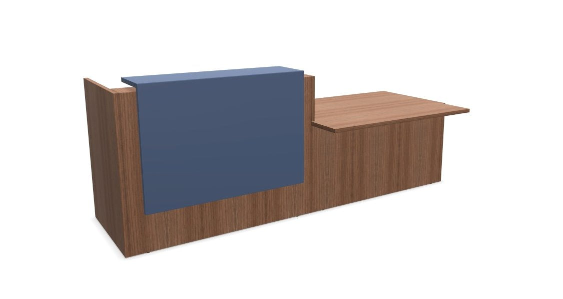 Z2 Lacquered front Reception Desk with DDA right hand Reception Desk Quadrifoglio 2850mm Walnut Pigeon Blue